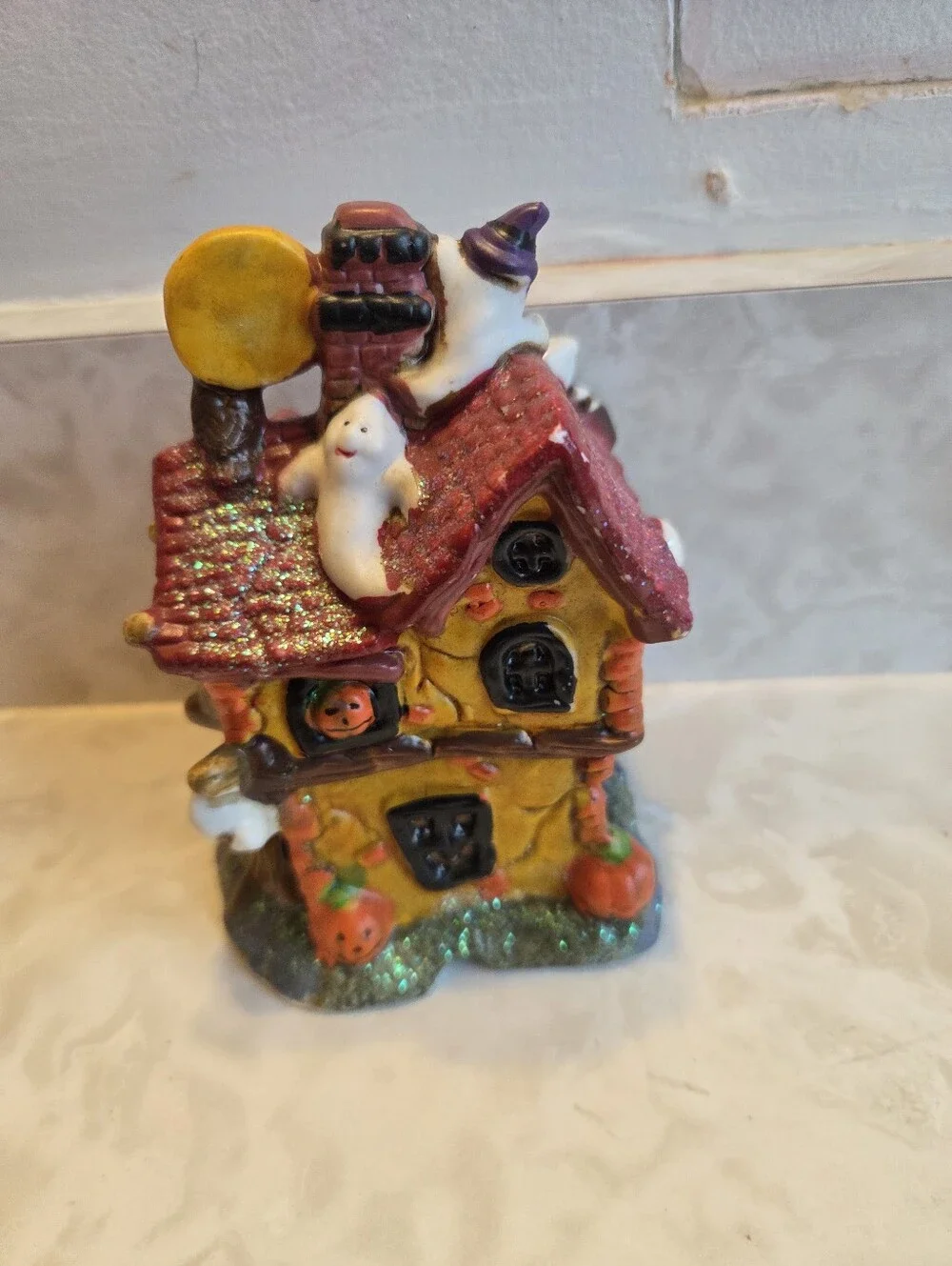 VTG Halloween Haunted House Small Village Figurine 5” Hand Painted Ghost Decor
